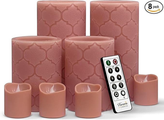 FURORA LIGHTING Dusty Rose Nordic Real Wax Flameless LED Candles with Remote & Timer (2/4/6/8H), Elegant and Romantic Glow, Pack of 8, Batteries Included