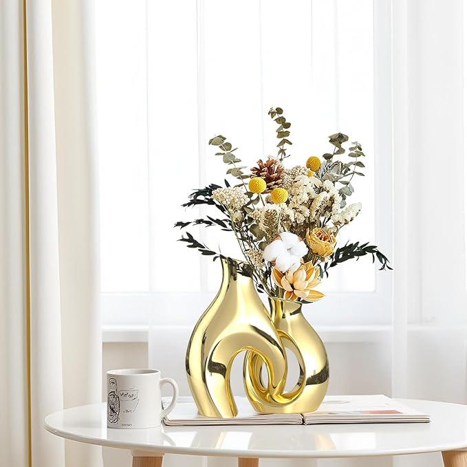 Gold Modern Abstract Ceramic Vases for Home Decor,Nordic Snuggle Hollow Design for Flowers Pampas Grass Decorative,for Living Room Coffee Table Centerpiece,Entrance,Console (Gold)