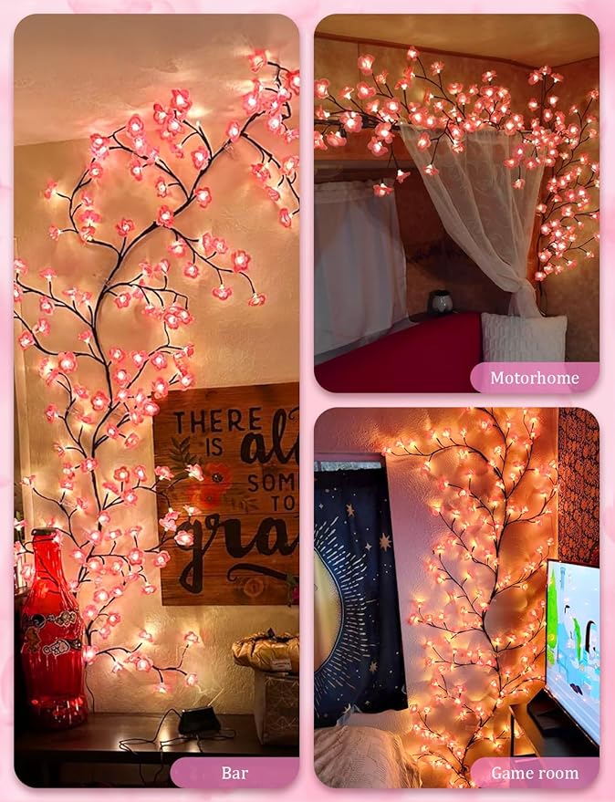 5.25 FT 72 LED Cherry Blossom Tree Branch Lights for Wall,8 Modes Artificial Pink Cherry Blossom Garland with Remote and Timer,Willow Vine Lights for Bedroom,Sakura Wall Decor