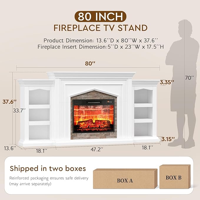 LGHM 80" Fireplace TV Stand for TVs Up to 90 Inch, Electric Fireplace with Mantel, Modern Entertainment Center with Storage, Fireplace Heater Insert with 3D Flame Effect for Living Room
