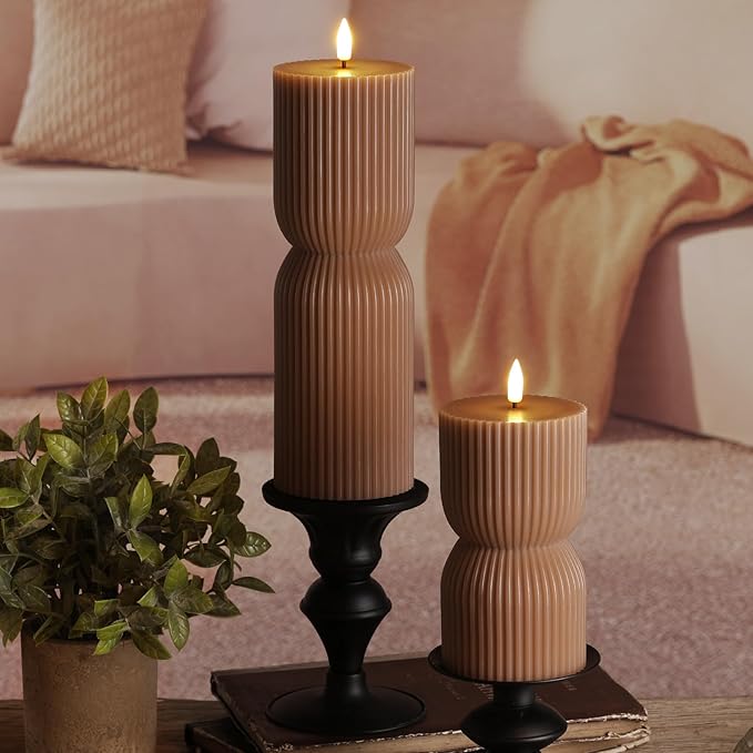Warm Brown Ribbed Flameless Pillar Candles with Remote, Real Wax Flickering Battery LED Candles Christmas Decor Gift Set of 2