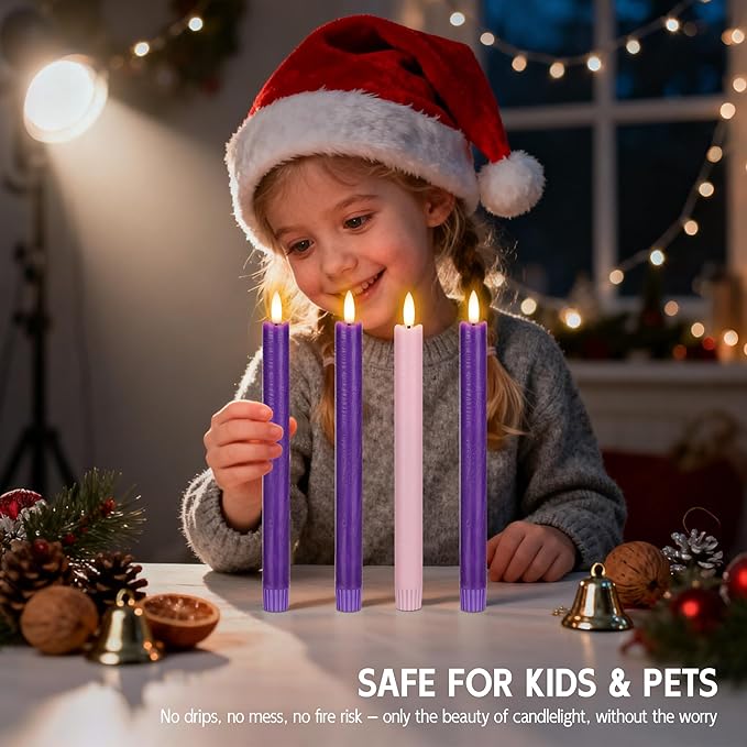 Flameless Advent Candles Set of 4, Real Wax Advent Taper Candles Battery Operated 9.6", Purple and Pink Christmas Candlesticks for Wreath, Christ, Home, Church, Catholic Decoration