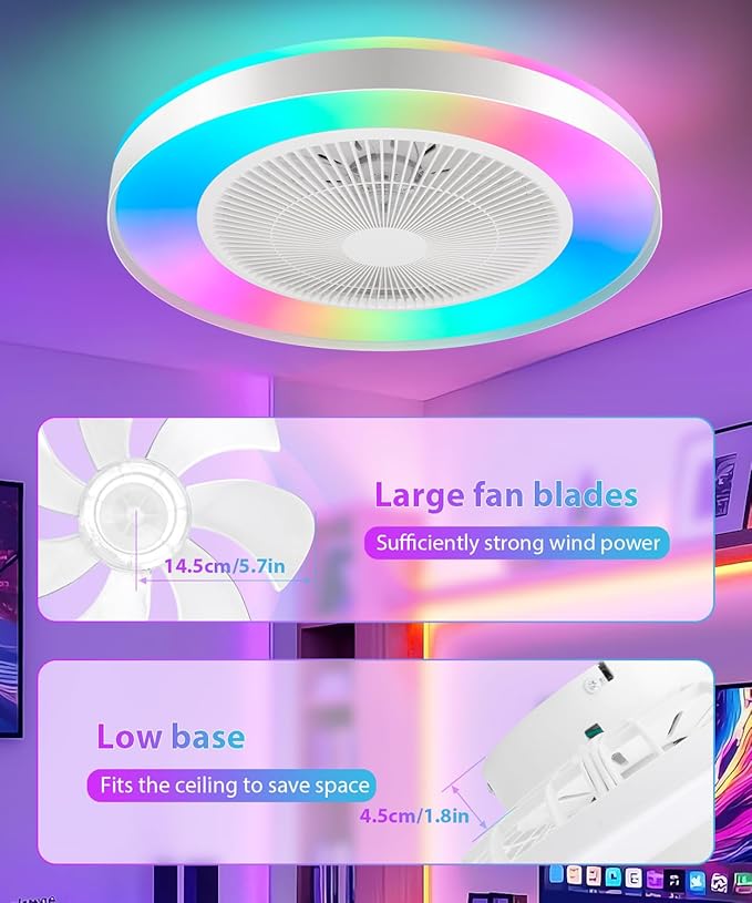 2-in-1 Low Profile Ceiling Fan with Light, 20” Caged Safety Design for Kids - RGB Color, Smart APP/Remote Control, Quiet Flush Mount DC Motor, Metal, Ideal for Bedroom/Living Room/Kitchen, White