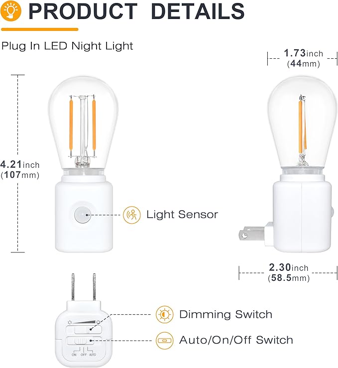 Warm Night Lights Plug into Wall Motion Sensor, 1W 2700K, LED Night Light, 10-100LM Adjustable Brightness, Automatic Night Light for Kids, Bathroom, Hallway, 1-Pack