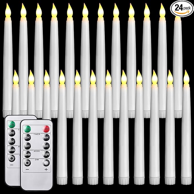 Tuanse 24 Pack Flameless Flicker Taper Candles Bulk with Remote and Timer, Battery Operated LED Warm White Taper Candles Light for Home Wedding Decoration Gifts(White,8 Inch)
