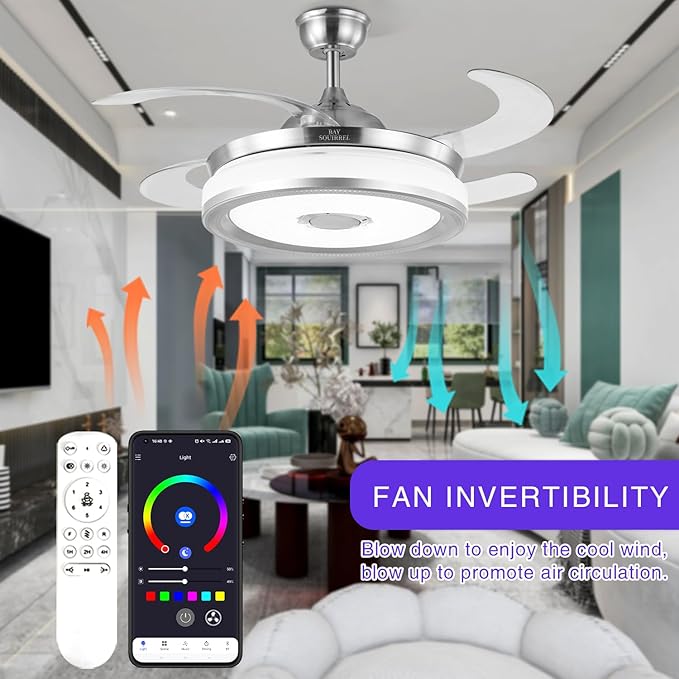 BAYSQUIRREL Retractable Bluetooth Ceiling Fan with Light and Speaker, Flush Mount Ceiling Fans,RGB-LED 6 Speed Reversible Modern Invisible Ceiling Fans,Remote and APP Control