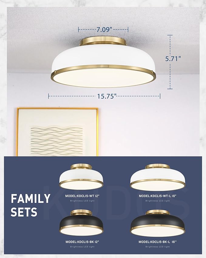 kudos Ceiling Light, 16-inch LED Flush Mount Ceiling Light, White and Gold Finish, 30W/1900lm Light Fixtures Ceiling Mount for Bedroom,Hallway, 3000K/3700K/4500K/5100K/6000K Adjustbale, KDCL15-WT-L