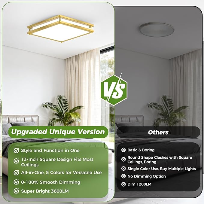 13 Inch Gold Square LED Ceiling Lights for Bedroom Kitchen Bathroom, 2-Pack 36W Super Bright 3200LM Modern Flush Mount Light Fixture, 2700K-6500K Selectable Dimmable Close to Ceiling Double Ring Lamp