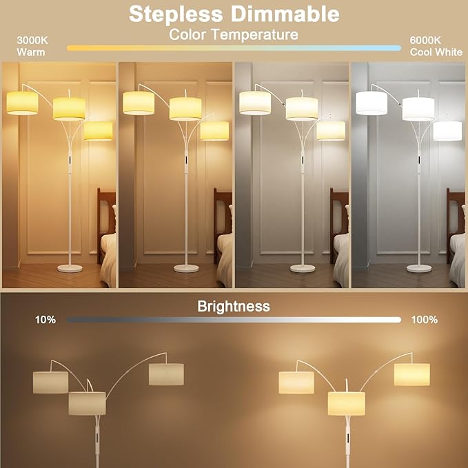36W Dimmable Floor Lamp - 3 Lights Arc Floor Lamps Standing Lamp with Remote & Touch Control, Tall Lamp for Living Room Corner, Bedroom, Office