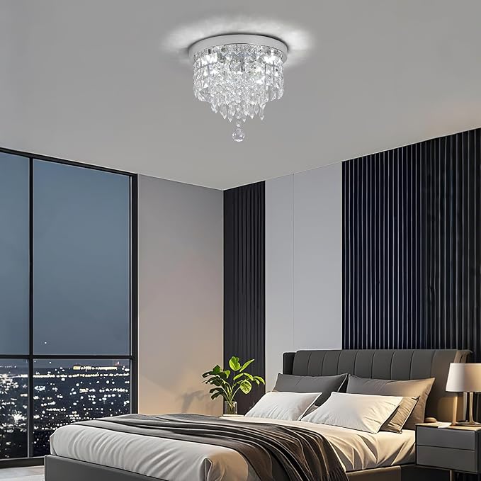 Deckrico Crystal Chandelier Flush Mount Ceiling Light Chrome Modern LED Lighting Fixture for Bedroom, Closet, Bathroom, Hallway – White Light