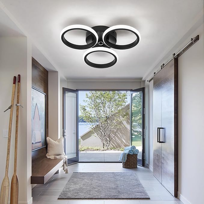ZGLAOJT Led Motion Sensor Light Indoor 24w Semi Flush Mount Ceiling Light Fixture Black 6000k Modern White Light for Hallway Porch Stair Closet Laundry.