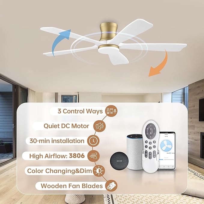 52 Inch Wood Smart Low Profile Ceiling Fans with Lights Remote,Control via WIFI Alexa Google App,6 Speed,Quiet DC Motor,Flush Mount Outdoor Indoor Ceiling Fan for Modern Bedroom Patio Porch,Gold White