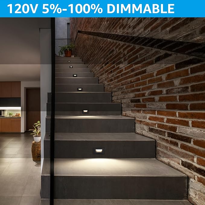 LEONLITE 12-Pack Black 5CCT 120V LED Step Lights, 150LM 5%-100% Dimmable Stair Lights Indoor Outdoor Wet Location, CRI90+ & ETL, 2700K/3000K/3500K/4000K/5000K Aluminum Staircase Lights