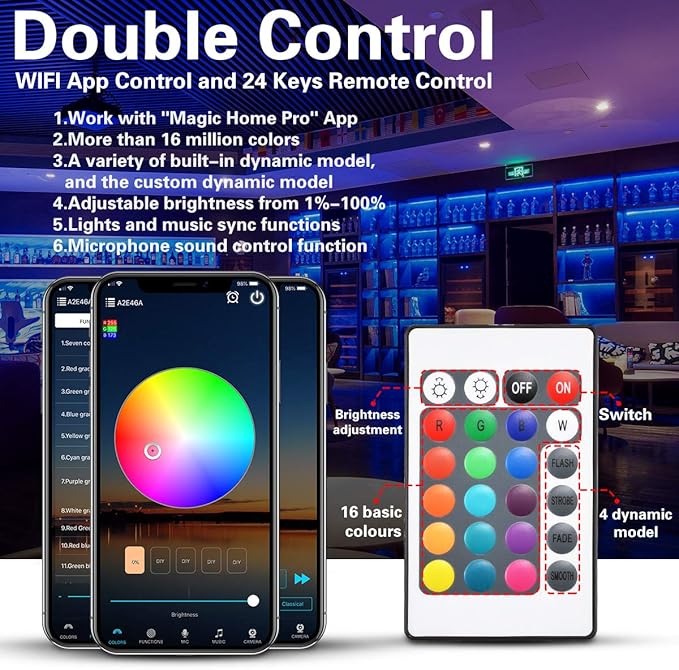 KATUR LED Strip Lights 32.8ft, Works with Alexa Google Assistant IP65 Waterproof 300 LEDs 5050 RGB, 16 Million Colors, Smart WiFi APP and 24 Keys Controller Control, Music Timed Dimmable Strip Lights