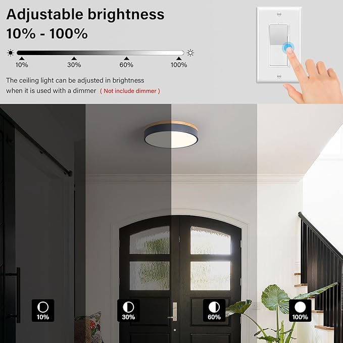 Dimmable Wood Oak Ceiling Light Fixture Modern Gray LED Flush Mount Ceiling Light 5CCT Minimalist Circle Close to Lighting Fixture for Bedroom Kitchen Bathroom Laundry Room 11.81 Inch