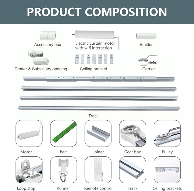 Smart Curtain Tracks WiFi Control by Phone, Support Voice Control for Alexa, Google Home, Tuya App Remote Automated Curtain Smart Curtains Opener Motorized Curtains Rods with Remote Control (125'')