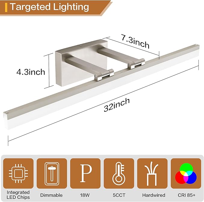 SOLFART 31.5 Inch Dimmable Bathroom Vanity Lights Over Mirror 5 Color Temperature Vanity Lighting Fixtures for Bath Brushed Nickel Bathroom Light fixtures Bar 5CCT