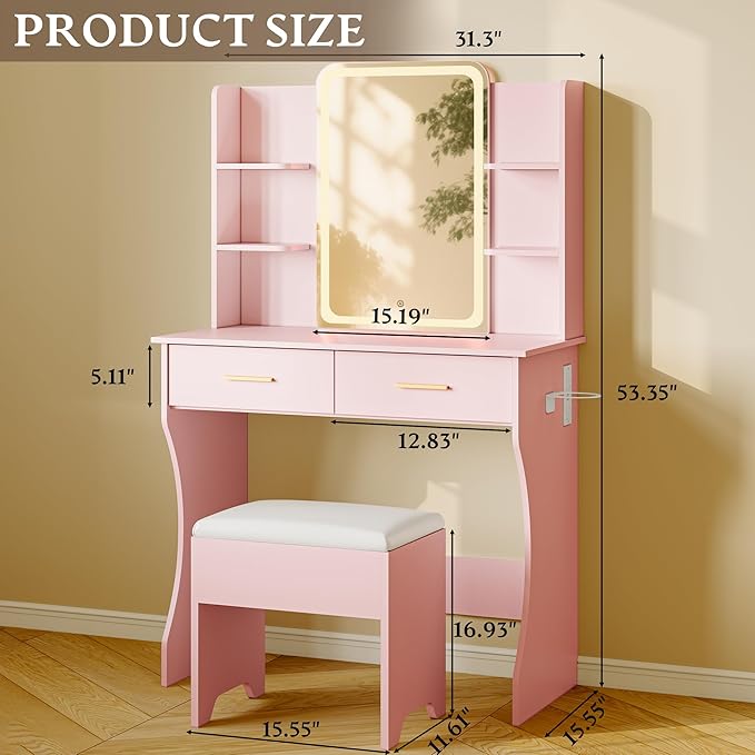 Makeup Vanity Desk with Mirror & Lights, Small Vanity Table Set for Girls with Chair & Power Outlet, Modern Dressing Table with 2 Drawers & 4 Storage Shelves, Adjustable RGB Lighting - Pink