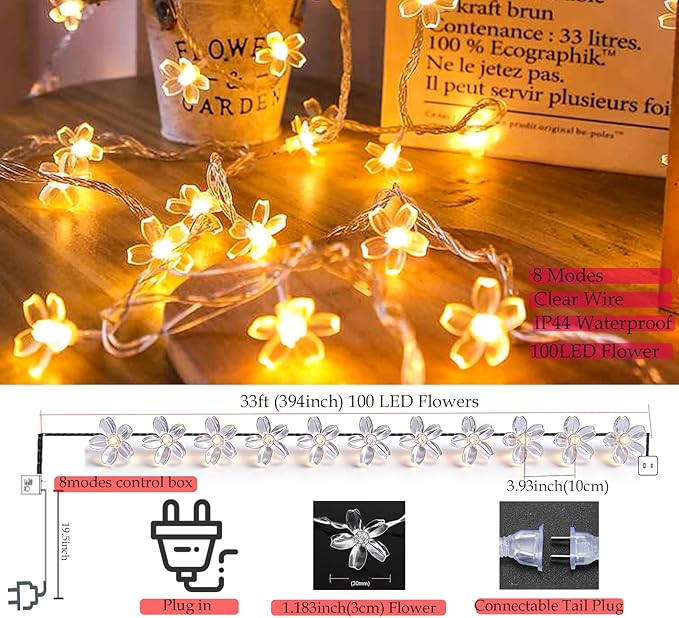 Indoor Decorative Flower String Lights, 33ft 100 LED Plug in Fairy Twinkle Cherry Blossom Floral Lamp for Bedroom Window Wall Ceiling Tree Hanging, Christmas Easter Birthday Decor (Warm White)