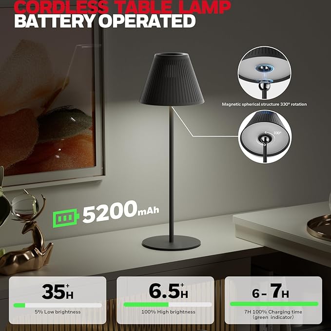 Honeywell M1 Cordless Small Table Lamp Rechargeable, 5200mAh Battery Operated LED Table Lamp, 4 Color 9RGB Stepless Dimmable Touch Control Night Light for Bedroom Restaurant Bedside (1, Black)