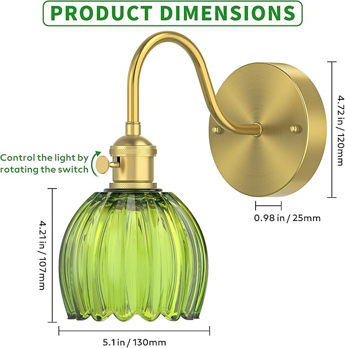 2-Pack Wall Sconces Lights Lamp for Bedroom Bathroom, Modern Vanity Light Fixtures, Wall Mount Lighting Vintage Tulip Green Glass Shade for Living Room Mirror Hallway Kitchen