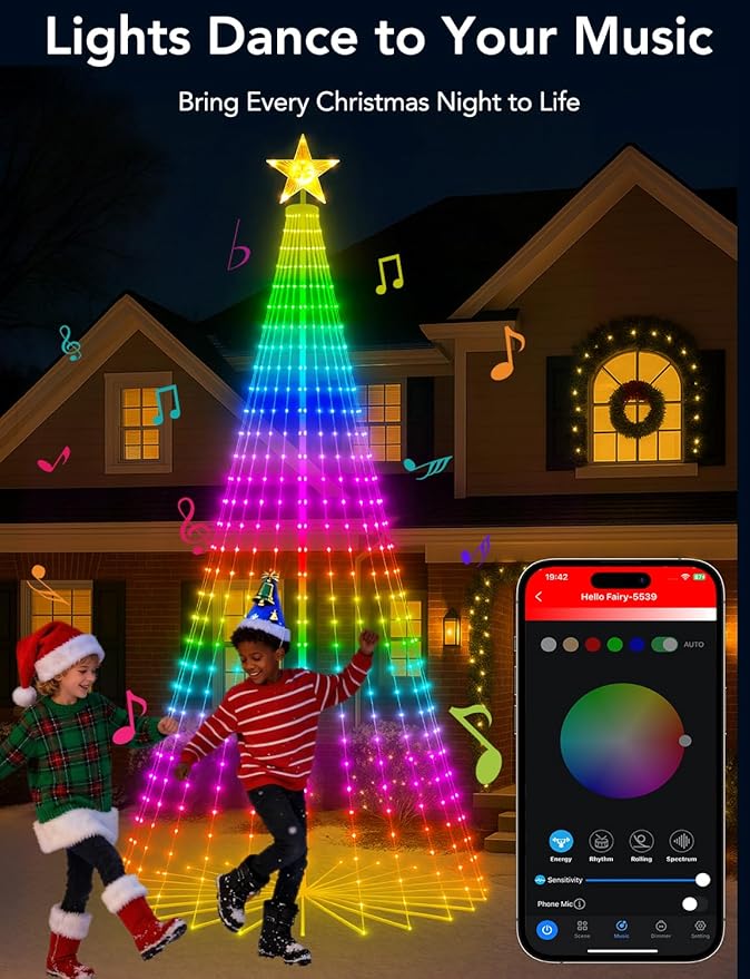 Popotan 10FT Smart RGB Christmas Tree Cone Lights, 514 LEDs App & Remote Control, Music Sync, Timer & Memory Function, Waterproof Outdoor Christmas Decorations for Yard Patio Garden Holiday Display