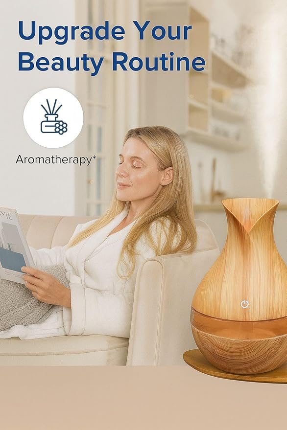 300ML Air Humidifier & Aroma Diffuser Home Fragrance Room Decor Essential Oil Diffuser Humidifiers for Bedroom Cool Mist 7 LED Light Car Air Freshener (Light Wood-1)