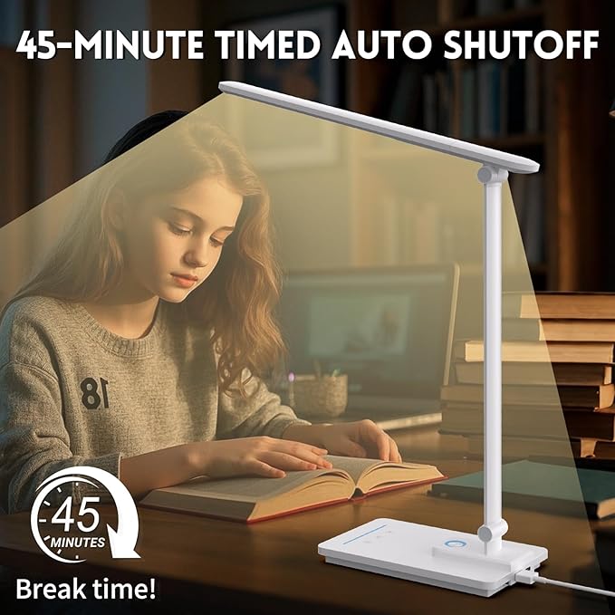 LED Desk Lamp for Home Office, USB Charging Port, Reading Desk Light with 5 Color Temperatures, Stepless Dimming, Table Lamp with Timer, Night Light, Foldable Desk Lamp for College Dorm Room (White)