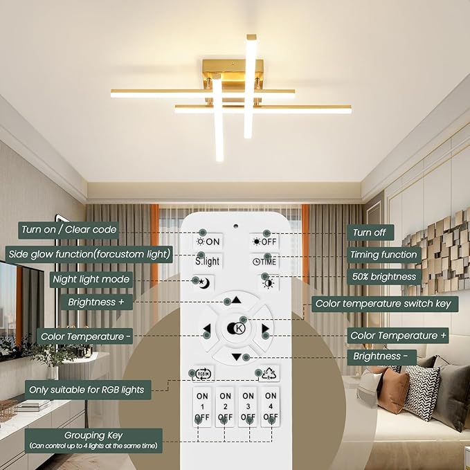 CANEOE Modern Ceiling Light Fixture, Gold Dimmable Close to Ceiling Light with Remote Control,Sputnik Flush Mount Ceiling Lamp for Bedroom Living Room Kitchen Modern Chandelier Light Fixture Ceiling
