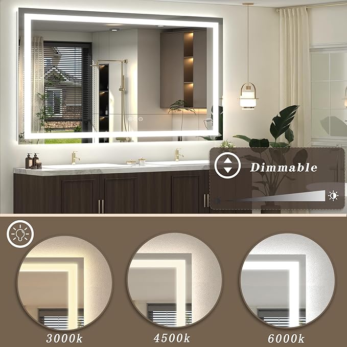 LED Lighted Mirror 66x36 for Bathroom Wall Mounted, Dimmable Vanity Mirror with Lights, Anti-Fog, ETL Listed (Backlit and Front Lighted)