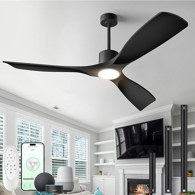 Modern Smart Ceiling Fan with Light and Remote Control, 52 inch Black 3 Blade for Bedroom, Living Room and Patios