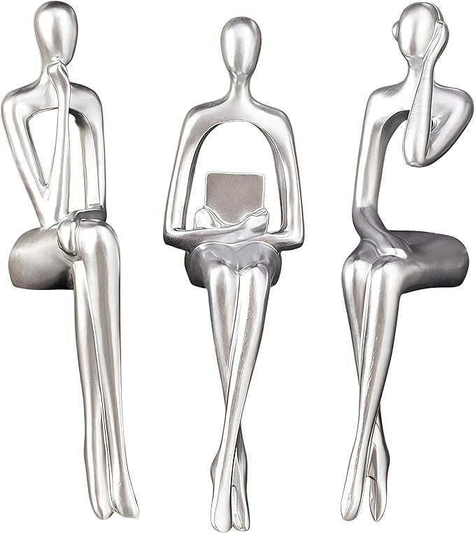 XINXAUN Silver Statue Home Decor - Modern Bookshelf & Desk Decor - 3 Piece Set