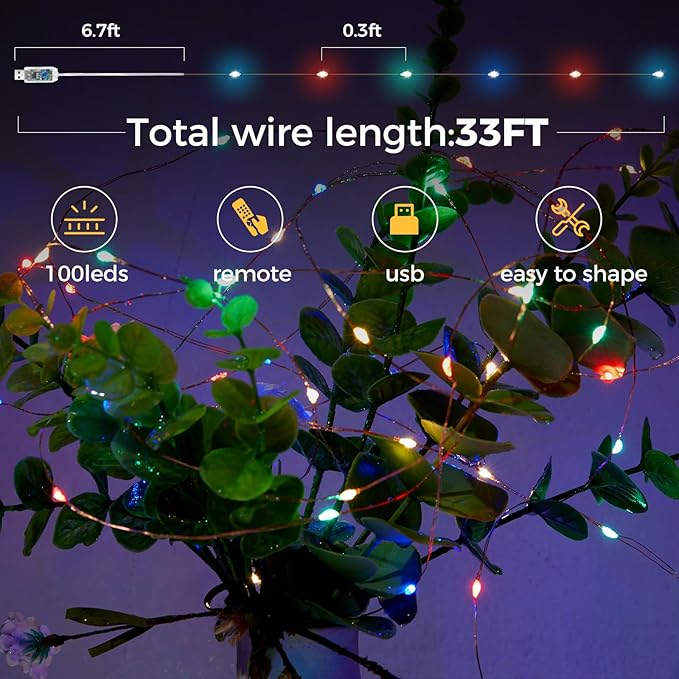 1 Pack 32. 8 ft. USB Powered Fairy Lights with Remote & Timer, 100 LED USB Twinkle String Lights - Silver Wire, 8 Modes, Waterproof, Multi Color Starry Lights for Party, Wedding, Christmas