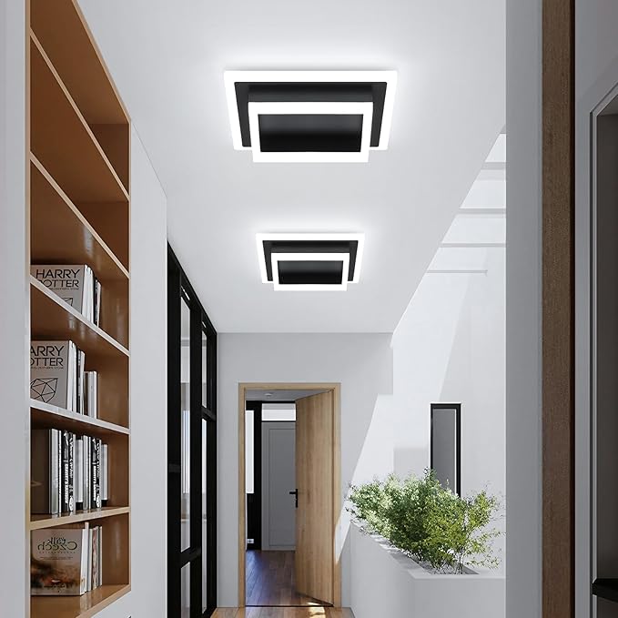 Modern LED Ceiling Light, Hallway Flush Mount Ceiling Light, 32W, 6000K, Black Square Hallway Lighting Fixtures for Living Room Kitchen Bedroom (Black)