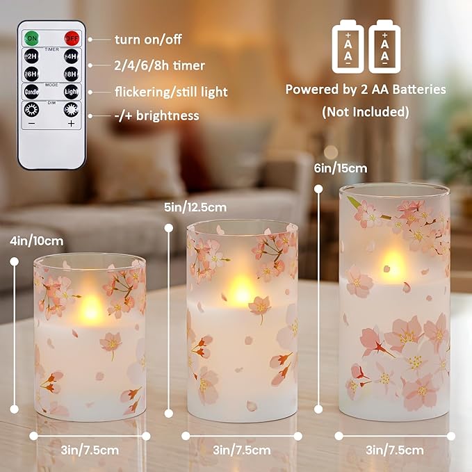 Pack of 3 Flameless Daily Timer Flickering Real Wax Pillar Candles, 3" x 4" 5" 6" LED Battery Operated Pink Cherry Blossoms Glass Warm Light with Remote Control