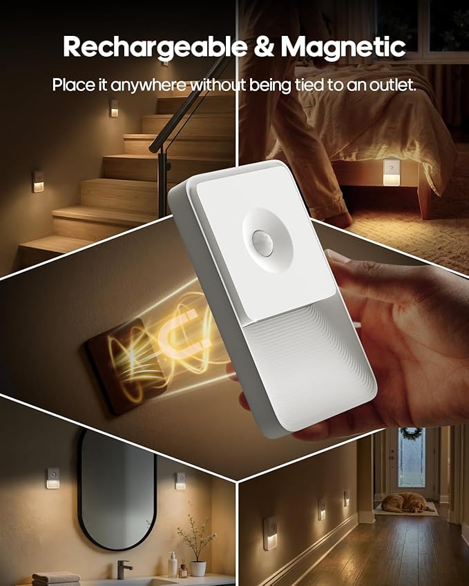 Rechargeable Motion Sensor Night Lights for Stairs, Magnetic Stair Lights Indoor, Warm Dimmable Night Light for Hallway,Bathroom,Bedroom,Closet(4 Pack)
