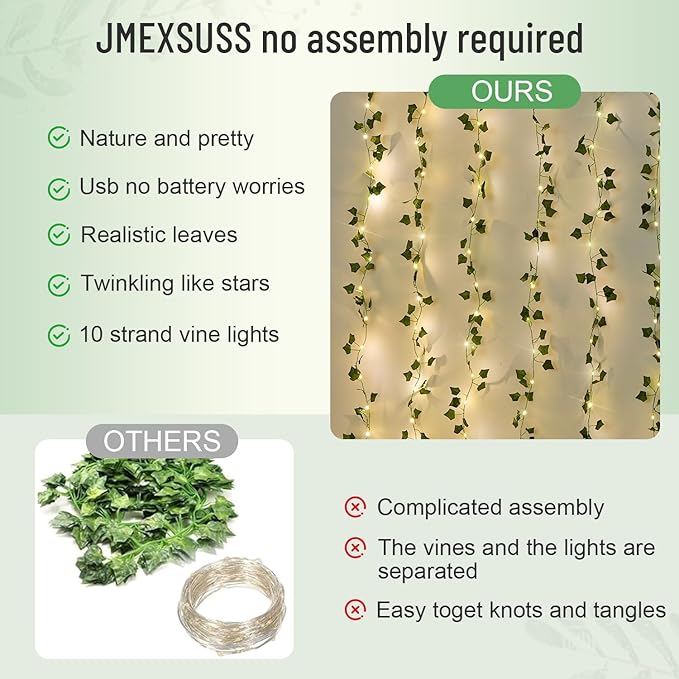 JMEXSUSS Vines Lights for Bedroom, 9.8ft x 9.8ft with Remote, 300 LED Fairy Lights with Vines, Artificial Ivy Curtain Light for Wall Dorm Wedding Indoor Decor