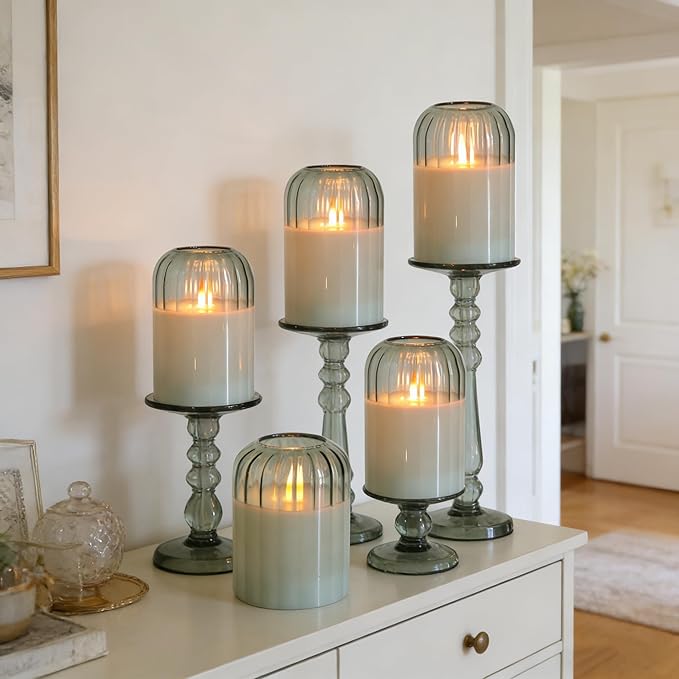 Green Flameless Battery Operated Candles with Remote, Set of 5 Glass Jar LED Candles with Dancing Flame, Flickering Electric Candlelight for Home Wedding Party Decor H4”5”5”6" 6”