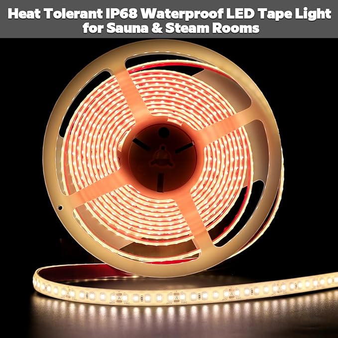 SuperlightingLED 24V 2700K Warm White Sauna Lights High Temperature LED Strip IP68 Waterproof, 5m/16.4ft 600 LEDs Flex Cuttable Rope Lights for Sauna, Bathroom, and Shower Niche (2700K Warm White)
