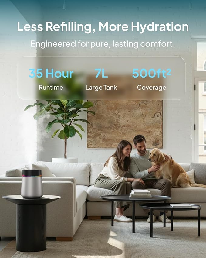 7L Ultrasonic Stainless Steel Cool Mist Humidifier for Bedroom & Large Room, Top Fill, Ultra Quiet 24dB, 3 Mist Levels, Easy Clean Dishwasher Safe Humidifier for Living Room Office