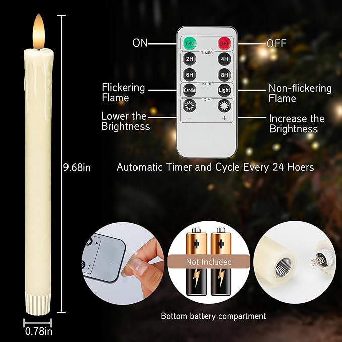 Flameless Taper Candles with Remote, 6 Pack Real Wax LED Battery Operated Candle with Flickering Flame, Safe Home Décor for Living Room, Bedroom, and Dining Table, Dripping Wax Ivory