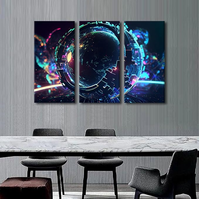 TUMOVO 3 Panel Digital World Wall Art Future Energy Power Technology and Internet Connection Concept Pictures Print on Canvas for Home Wall Decoration, Framed Ready to Hang, 36" Wx24 H