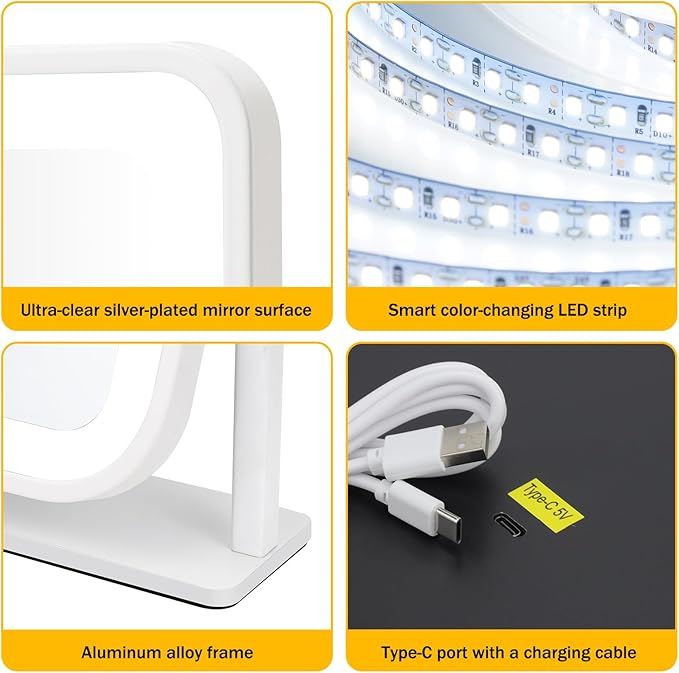 Vanity Mirror with Lights, 1500mAH, 10"×9" Makeup Mirror with Lights, Smart Touch with 3-Color Lighting, 360° Rotation, Portable LED Desk Mirror, Bedroom (White)