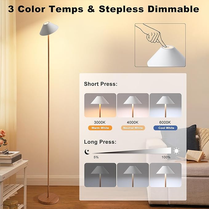 Rechargeable Floor Lamp for Indoor/Outdoor, Cordless Tall Standing Lamp with 3 Color Temps & Dimmable, IP43 Waterproof, Adjustable Height 16-59 Inch, LED Floor Lamp for Living Room, Patio(Wood Grain)