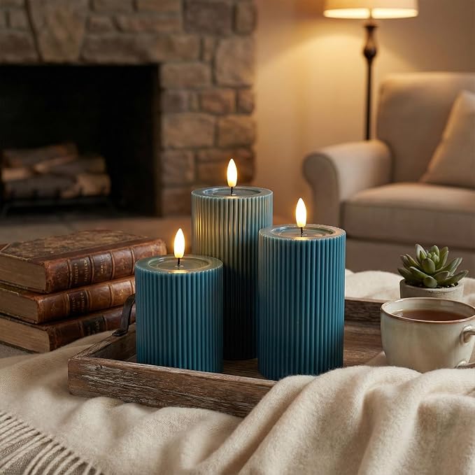 WYZworks Fluted Ribbed LED Pillar Candles, Blue, with Realistic Reflective Melted-Wax Effect – Flickering Flame, Remote, Dimmable, Flameless, Battery Operated, Home & Wedding Decor (Set of 3)