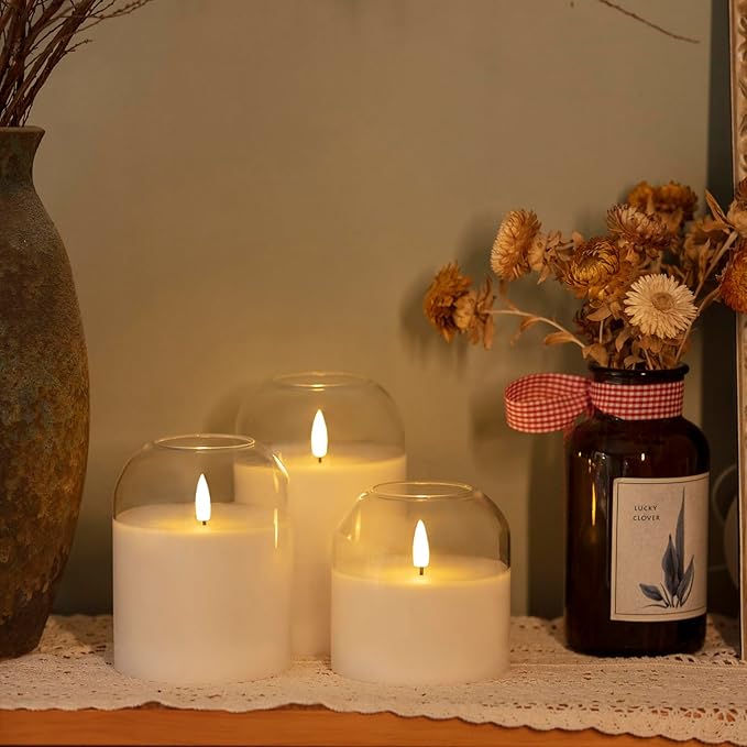 White Glass Flameless Candles Set of 3 (Φ 4" H 4" 5" 6") with Remote Battery Operated Flickering LED Pillar Candles Real Wax 3D Wick