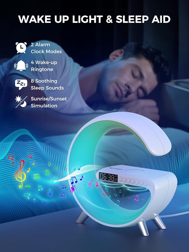 Smiling Shark Wake Up Light, Wireless Charger Atmosphere Desk Light with Bluetooth Speaker White Noise App Control Dimmable Sunrise & Sunset Simulation Dual Alarm Clock Smart Light for Home Decor