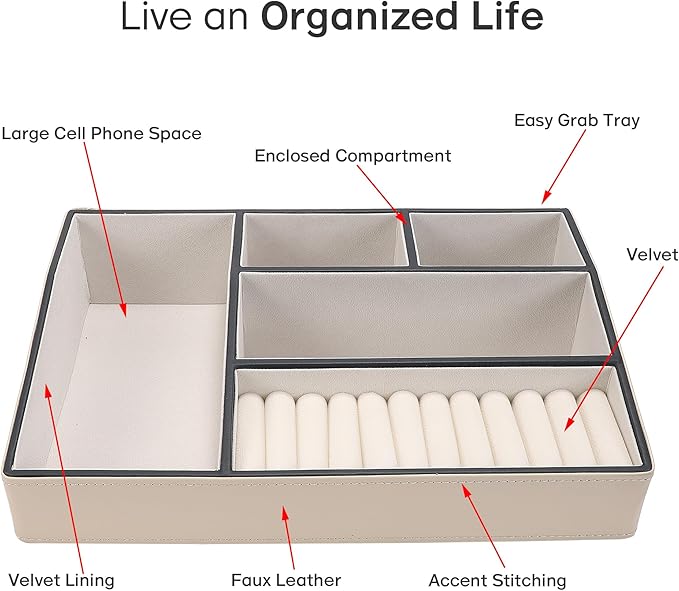 Faux Leather Valet Tray – 5-Compartment Desk Jewelry Trays, Phone Watch Organizer Catch-All Tray for Keys Wallet, Dresser Nightstand Office Entryway Storage (White)