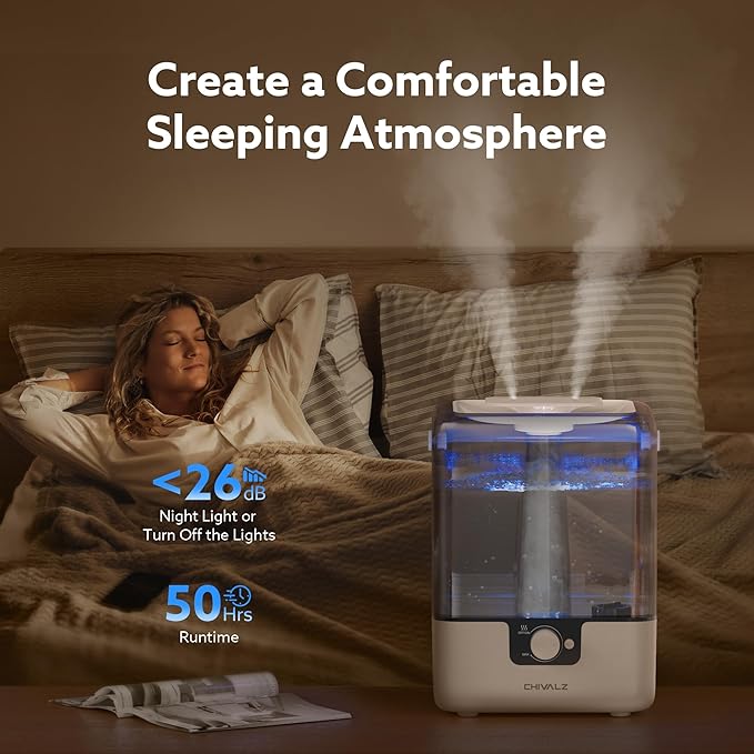 CHIVALZ Humidifiers for Bedroom Large Room Home, 6L Cool Mist Humidifier for Baby and Plant, Oil Diffuser, Top Fill Humidifier with Night Light, Quiet 26dB, Up to 50H, White 1Pack