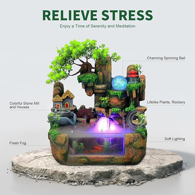 Indoor Water Fountains, Relaxation Desktop Water Fountain Ornament with LED Light, Zen Meditation Atomizing Humidifier Desk Decoration for Home Office Bedroom
